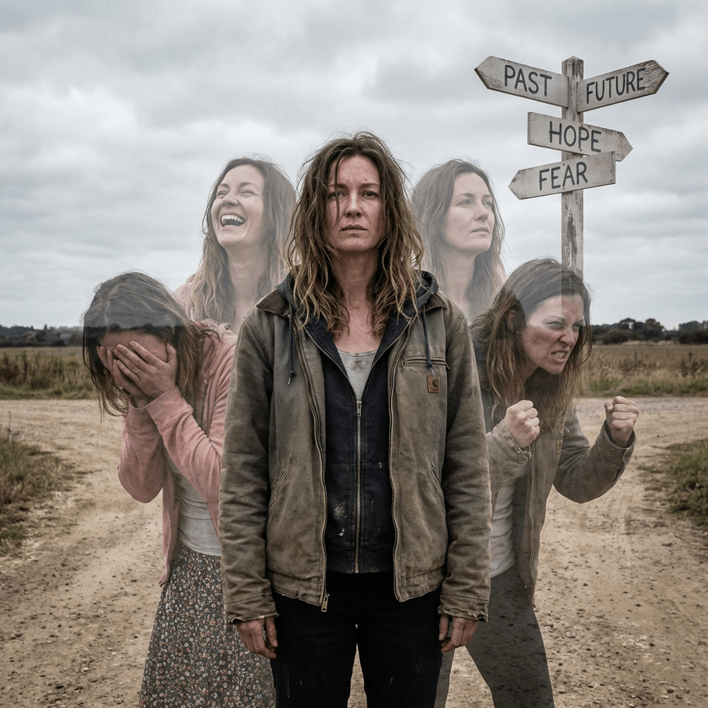 Woman by a signpost with text Past, Future, Hope, Fear, surrounded by emotional translucent versions.