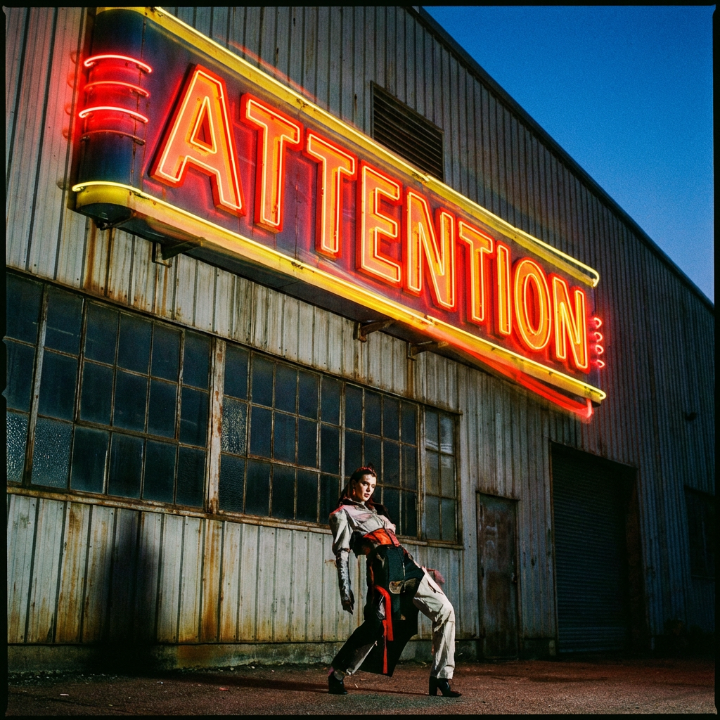 Person in avant-garde fashion posing under a large neon sign that reads ATTENTION.