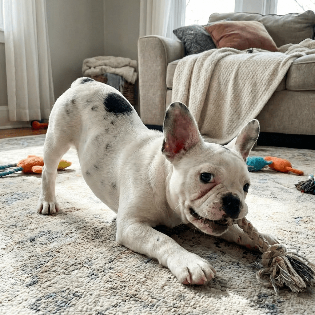 A white bulldog puppy with black spots plays with a rope toy on a rug.