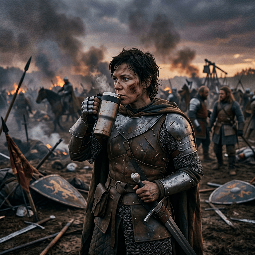 A female warrior in medieval armor drinking from a metal mug on a battlefield
