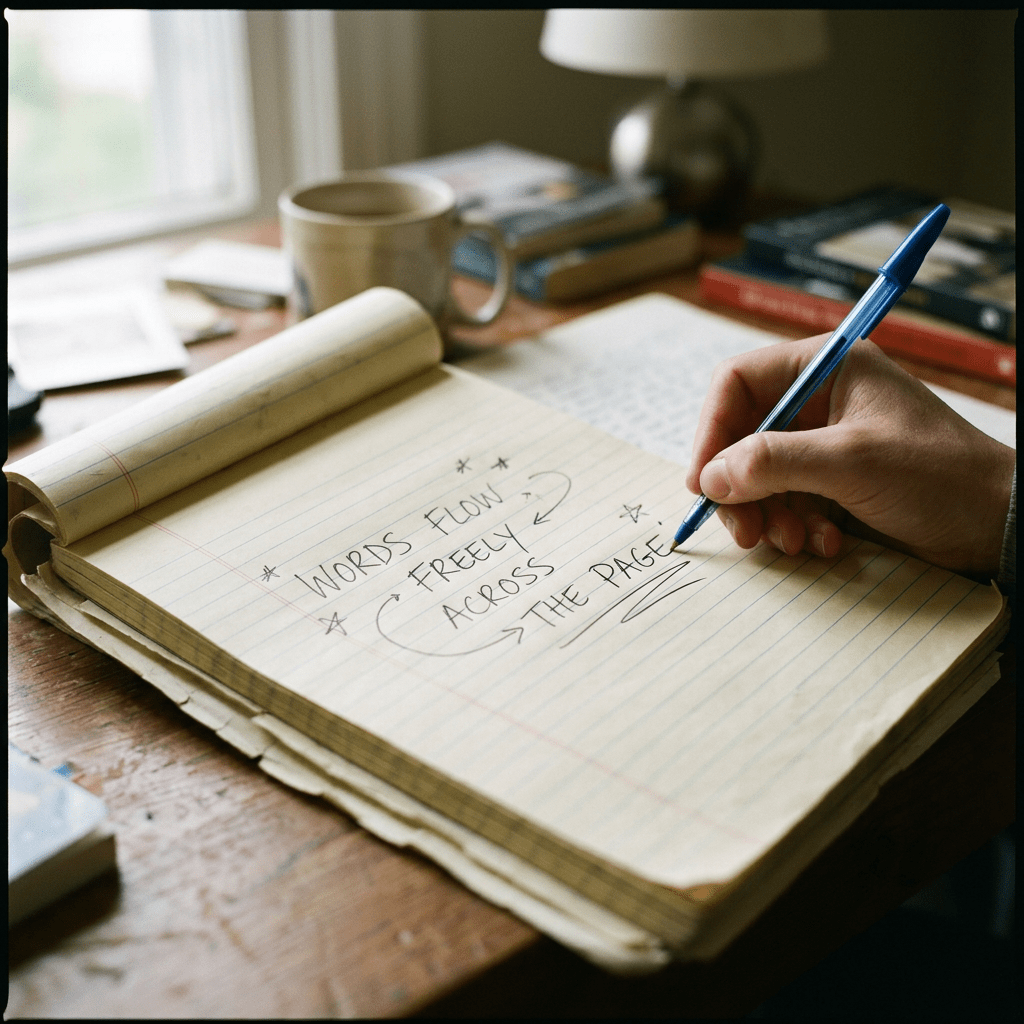 Hand writing 'Words flow freely across the page' in a yellow notebook with a blue pen